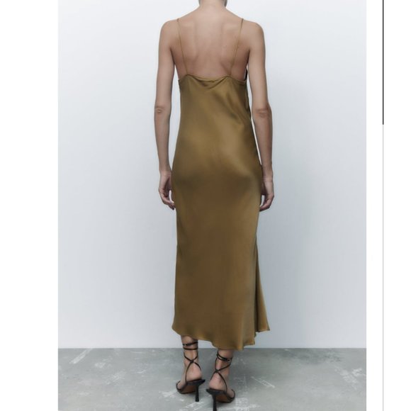 NWT ZARA SATIN LINGERIE STYLE DRESS DARK KHAKI - Picture 3 of 8
